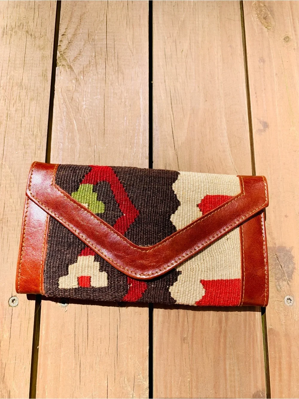 Handwoven Envelope Clutch with Brown Leather Trim in Brown and Red